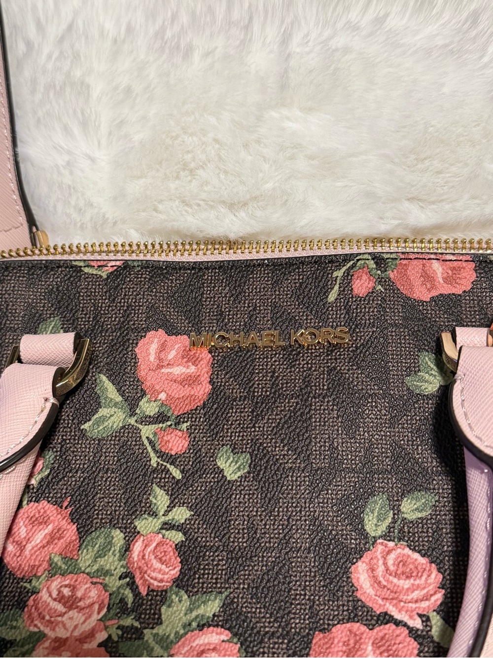 Michael Kors Brown Floral Shoulder Bag with Pink Trim - Picture 7 of 11
